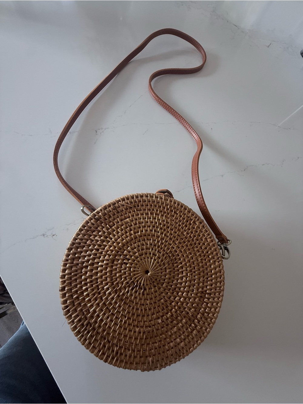 Woven Round Rattan Crossbody Bag in Brown - Picture 2 of 4